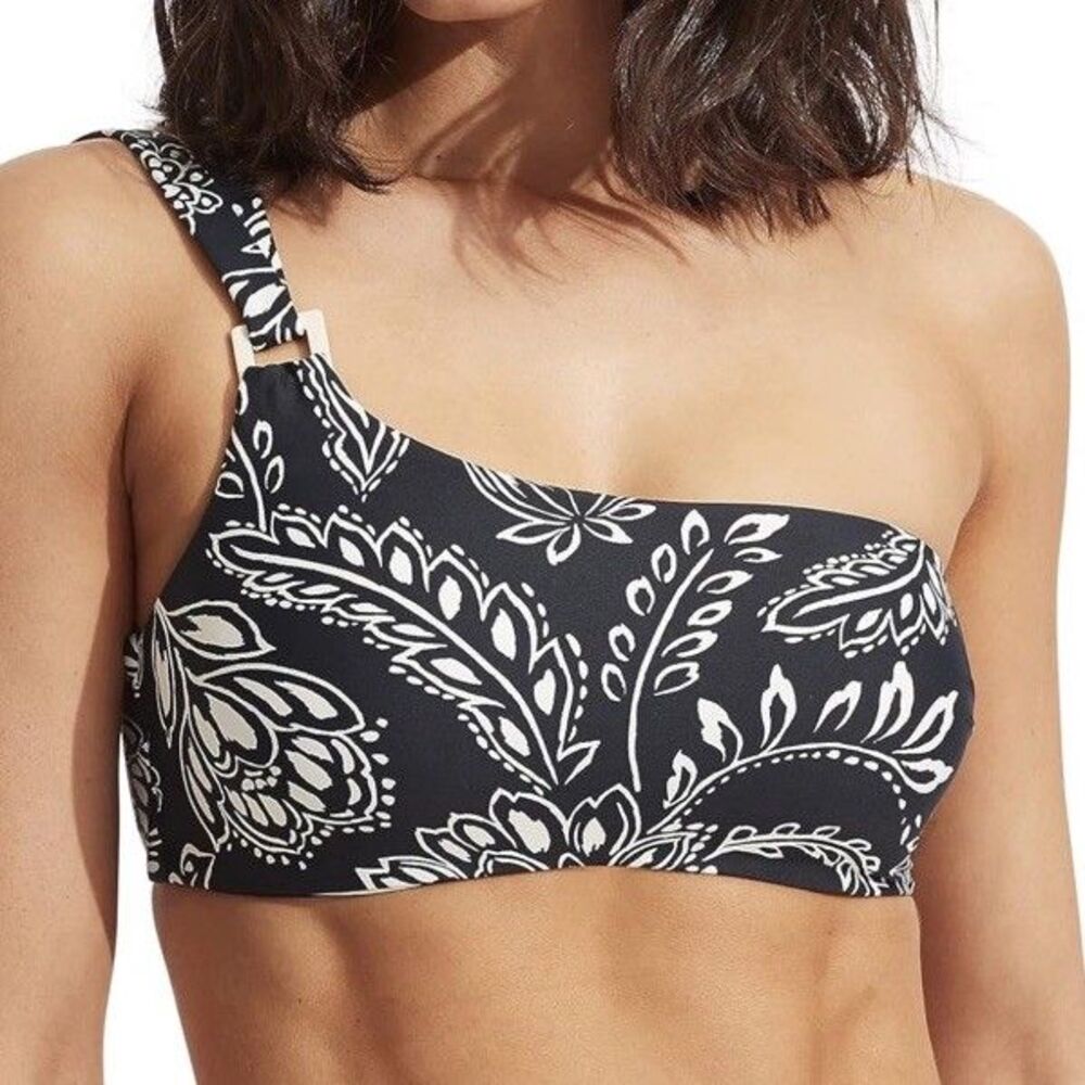 Seafolly Women’s Size 2 Active One Shoulder Bandeau Swimsuit Top Navy Reversible